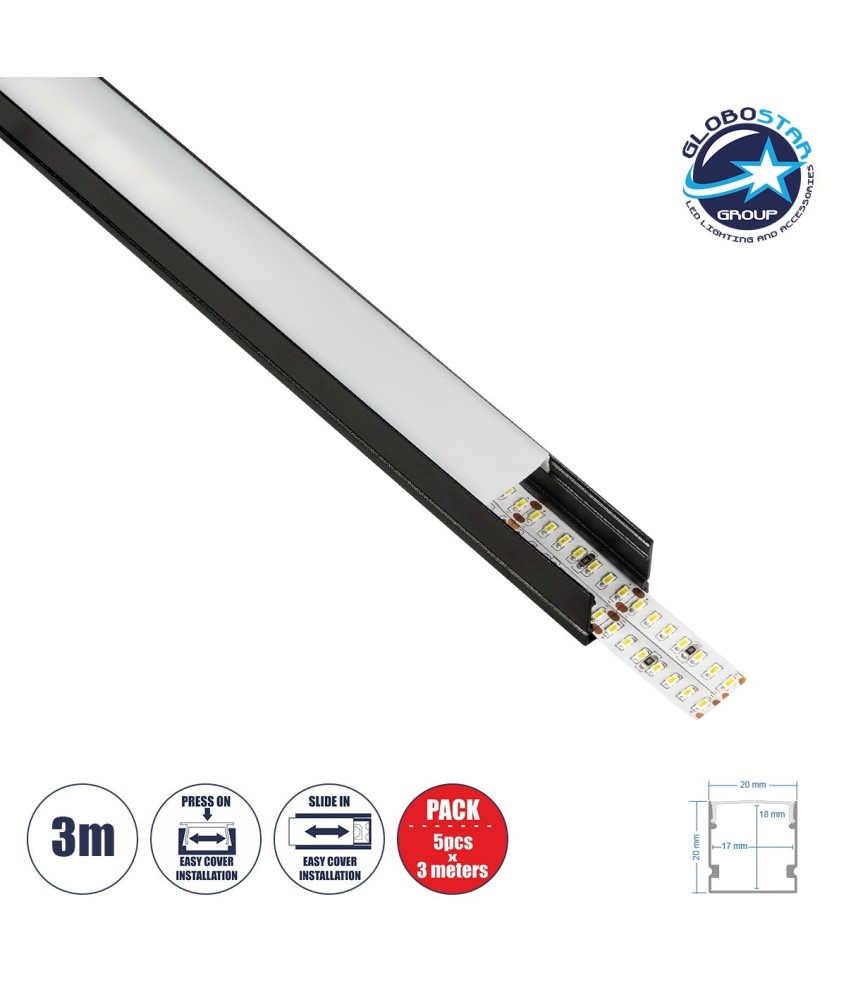 GLOBOSTAR® ALP-LINEAR GLOWTRACK 61797-3M Επιφανειακό Προφίλ Αλουμινίου με Λευκό Γαλακτερό Πατητό Κάλυμμα για Ταινίες LED IP20 - Μαύρο Ματ - Μ300 x Π2 x Υ2cm - Πακέτο 5 Τεμαχίων